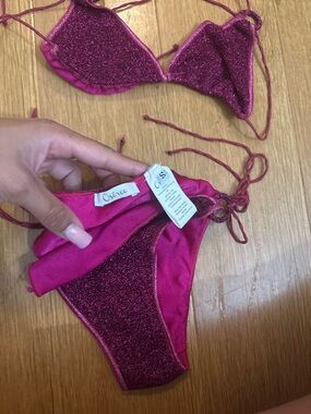 Oseree Glitter Fuchsia Triangle Bikini Bottom and Top Set